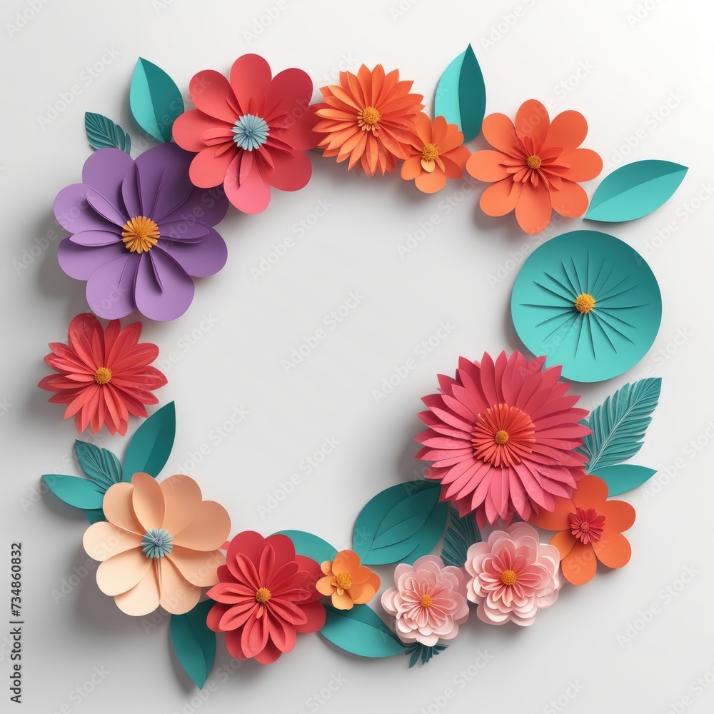 A vibrant wreath composed of paper cutout flowers and leaves A vibrant wreath composed of paper cutout flowers and leaves