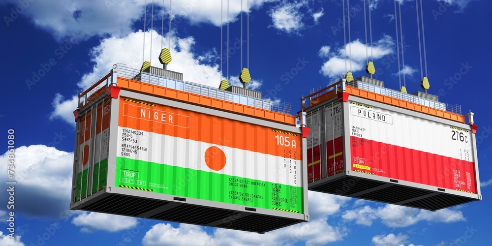 Shipping containers with flags of Niger and Poland - 3D illustration