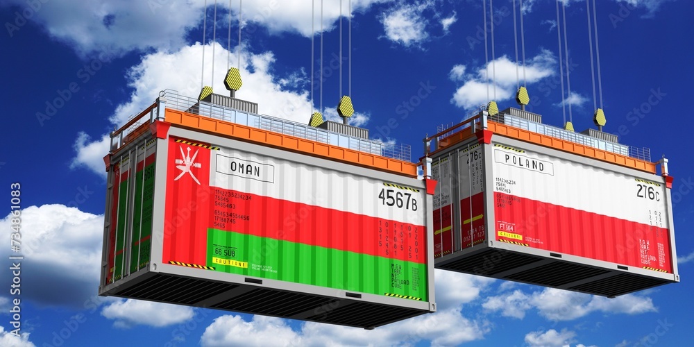 Shipping containers with flags of Oman and Poland - 3D illustration