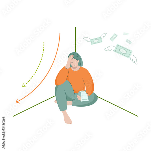 A woman sits with her head down in despair over financial problems. Lack of money, poverty, big bills.
