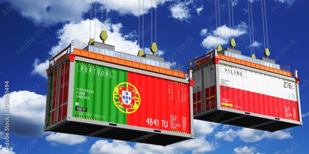 Shipping containers with flags of Portugal and Poland - 3D illustration