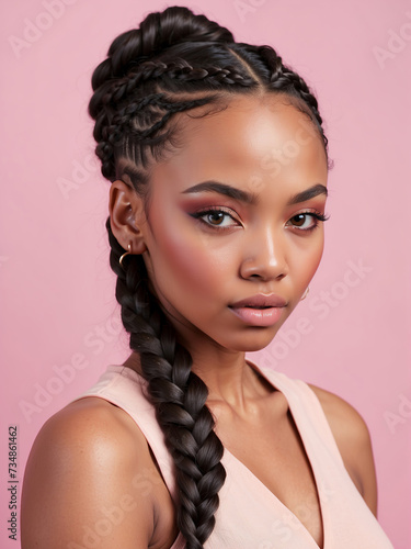 Black woman, showcasing a detailed braid hairstyle against a pink background