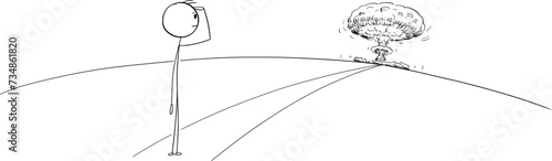 Person Looking on Nuclear Explosion in Far, Vector Cartoon Stick Figure Illustration