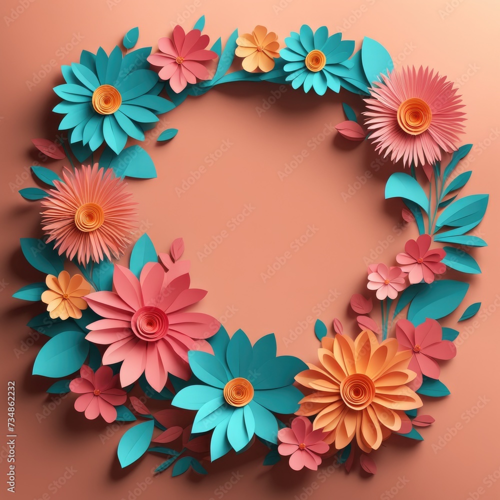 A wreath of colorful paper cutout flowers with lush green leaves, arranged in a circular pattern A wreath of colorful paper cutout flowers with lush green leaves, arranged in a circular pattern