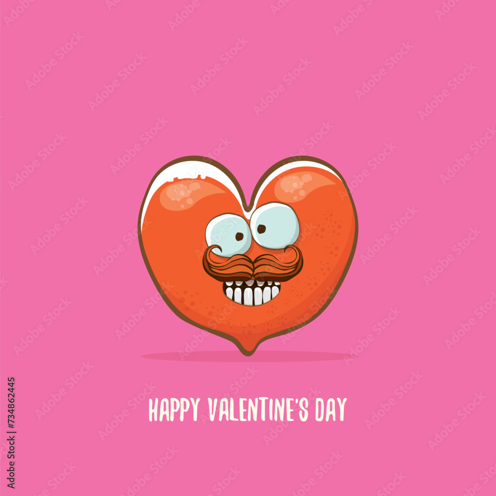 Vector Valentines day greeting card with funny cartoon heart character isolated on pink background. Conceptual valentines day comic funky kids poster or banner