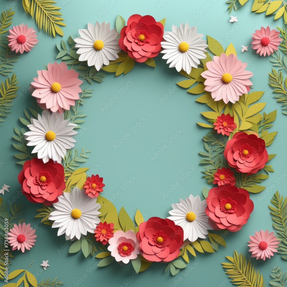 A wreath of colorful paper cutout flowers with lush green leaves, arranged in a circular pattern A wreath of colorful paper cutout flowers with lush green leaves, arranged in a circular pattern