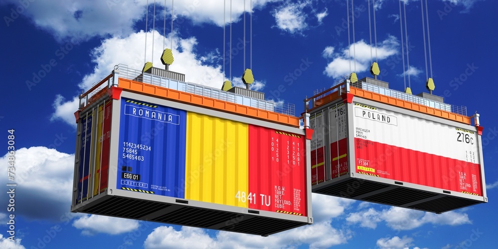 Shipping containers with flags of Romania and Poland - 3D illustration