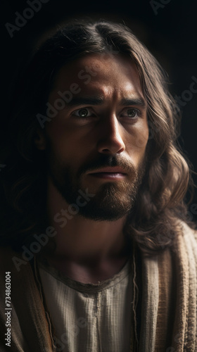 Jesus in a close-up portrait. Young Jesus Christ. Real photography