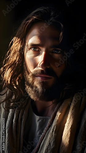 Jesus face illuminated by sunlight from the outside. Portrait of Jesus Christ. Light and Shadow