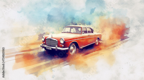 An artistic rendering of a classic red car with a vibrant, watercolor background © Hamza