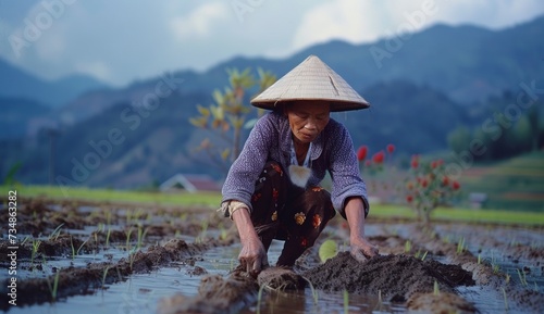 woman in traditional asian attire plowing in a rice field