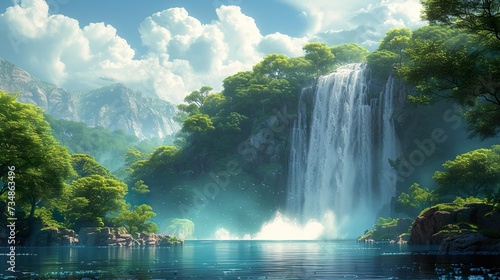 Mysterious natural landscape with green forest and waterfall Generative Al 