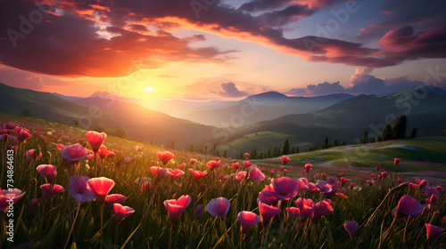 Amazing sunset over a beautiful landscape covered of flowers ,, Flower garden with beautiful sunrise in the morning. Pro Photo