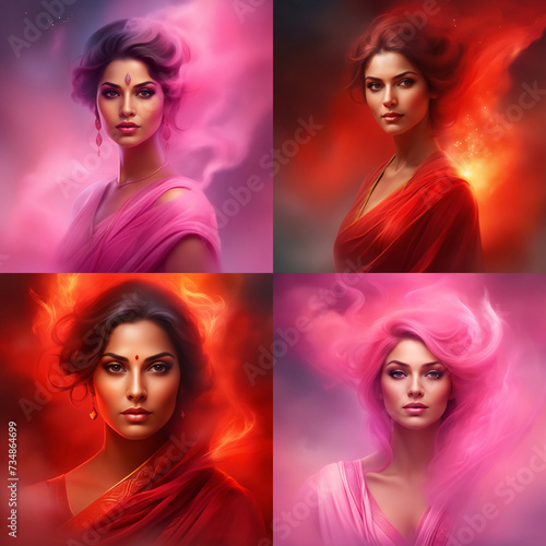 Set of four portraits of woman in red and pink colors. © saurav005