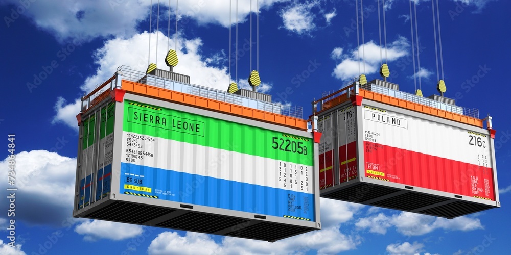 Shipping containers with flags of Sierra Leone and Poland - 3D illustration