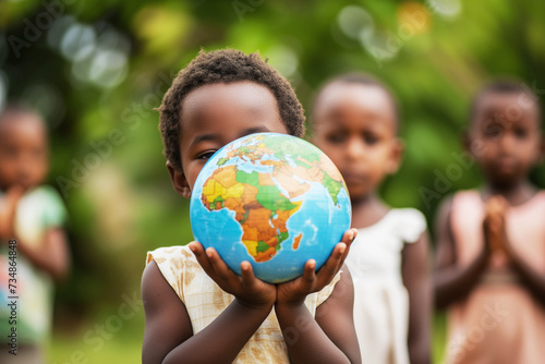 Group of African children holding a planet Earth globe, Earth Day concept