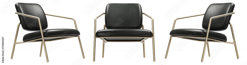 Black leather armchair set with gold legs isolated on white background. Furniture collection. 3D render Black leather armchair set with gold legs isolated on white background. Furniture collection. 3D render