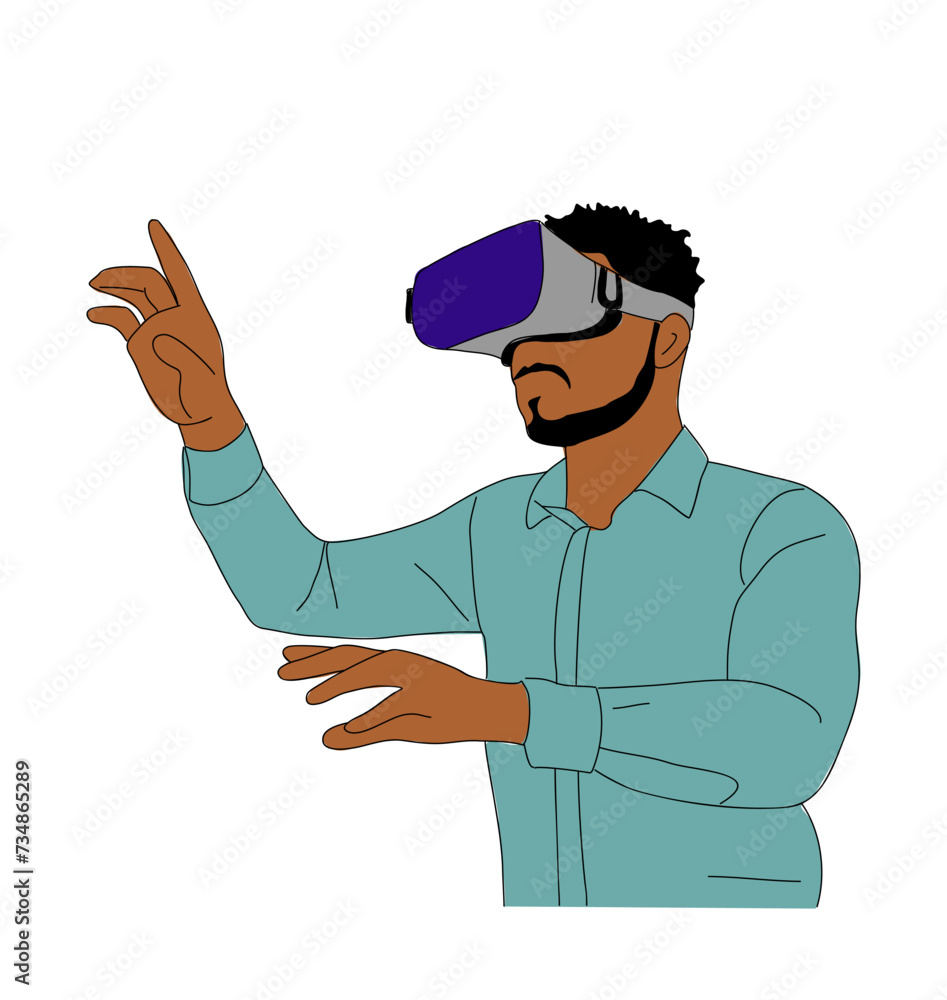 Business Man using virtual reality headset. Modern guy in smart casual outfit and futuristic Virtual Reality glasses. Hand drawn colorful vector illustration of person on transparent background.