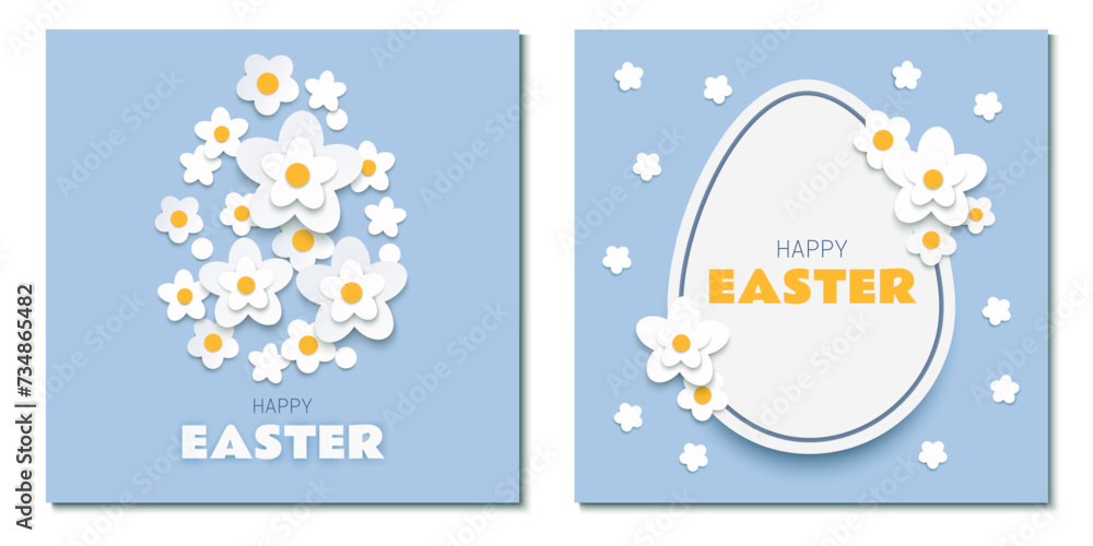 Easter paper cut greeting cards set with Easter eggs and white flowers on blue background. Vector illustration.