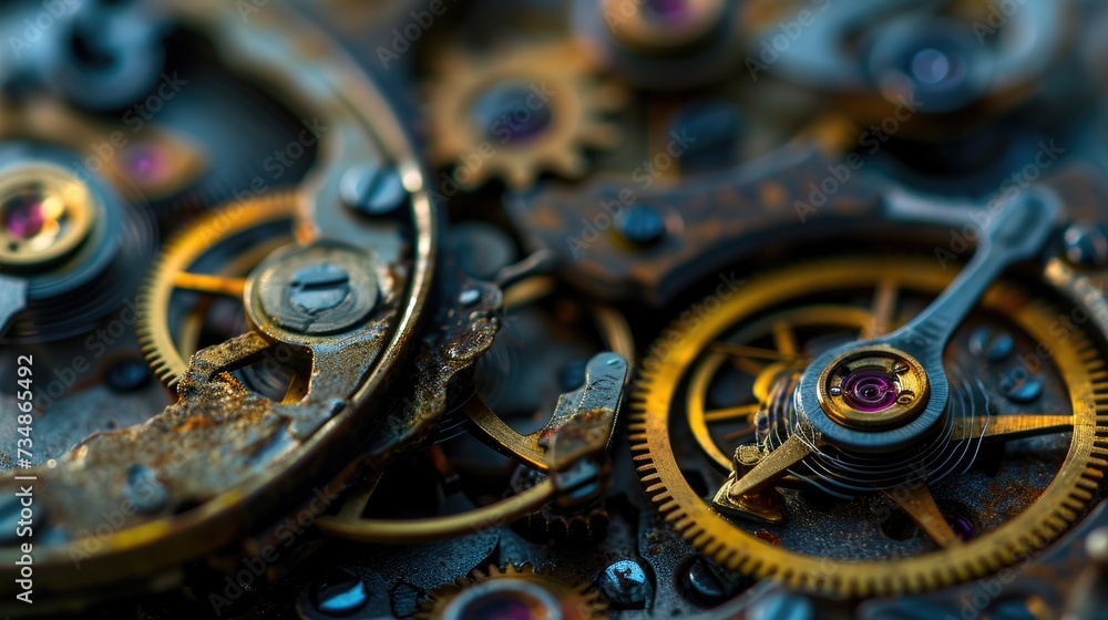Clockwork mechanism, close-up. Gears and cogs. Industrial machinery.