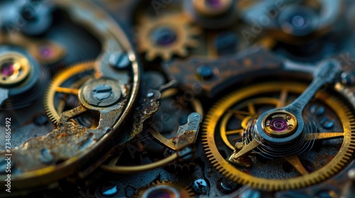 Clockwork mechanism, close-up. Gears and cogs. Industrial machinery.