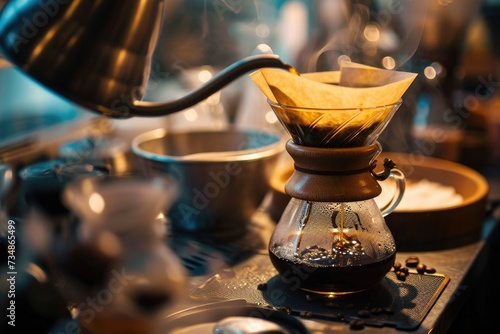 The process of brewing drip coffee using the pourover method. The barista pours hot water into the cup through a paper filter.