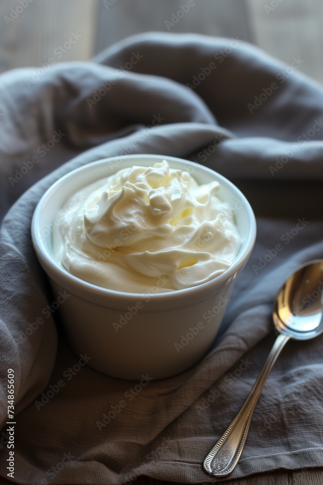 Can of fresh natural yogurt or cream and silver desert spoon on the gray fabric Can of fresh natural yogurt or cream and silver desert spoon on the gray fabric