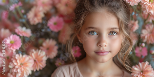 A cute little girl on a background of spring flowers at home © anatoliycherkas