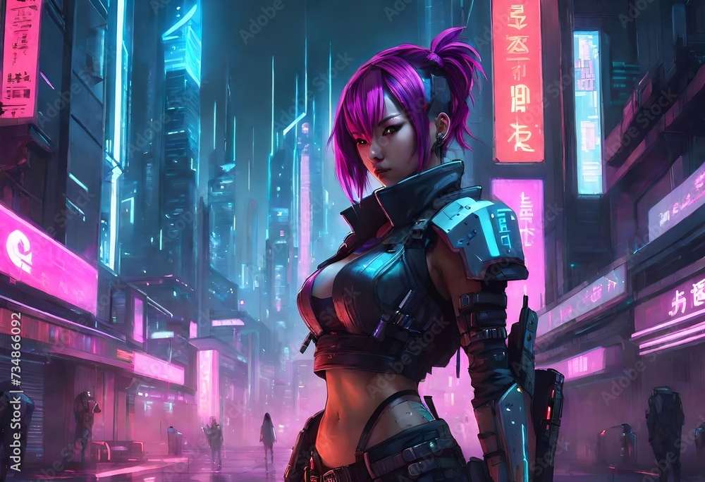 female warrior in a cyberpunk-inspired anime setting, embodying the essence of a skilled hacker. female warrior in a cyberpunk-inspired anime setting, embodying the essence of a skilled hacker.