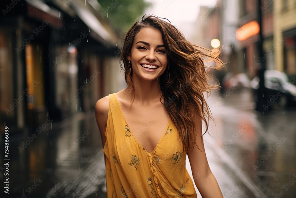 A young slender flexible girl in a bright summer dress walks in the rain along a city street and smiles happily. Romantic image of a free woman in love.