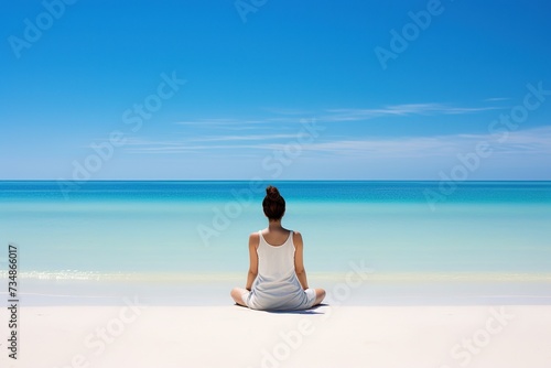 A woman in white summer clothes sits, viewed from the back, in the lotus position on the ocean shore and meditates while looking into the distance. White sandy beach, blue sky with light clouds.