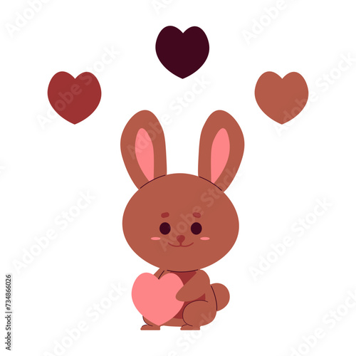 Cute chocolate bunny with pink heart. Easter rabbit on white. vector illustration.