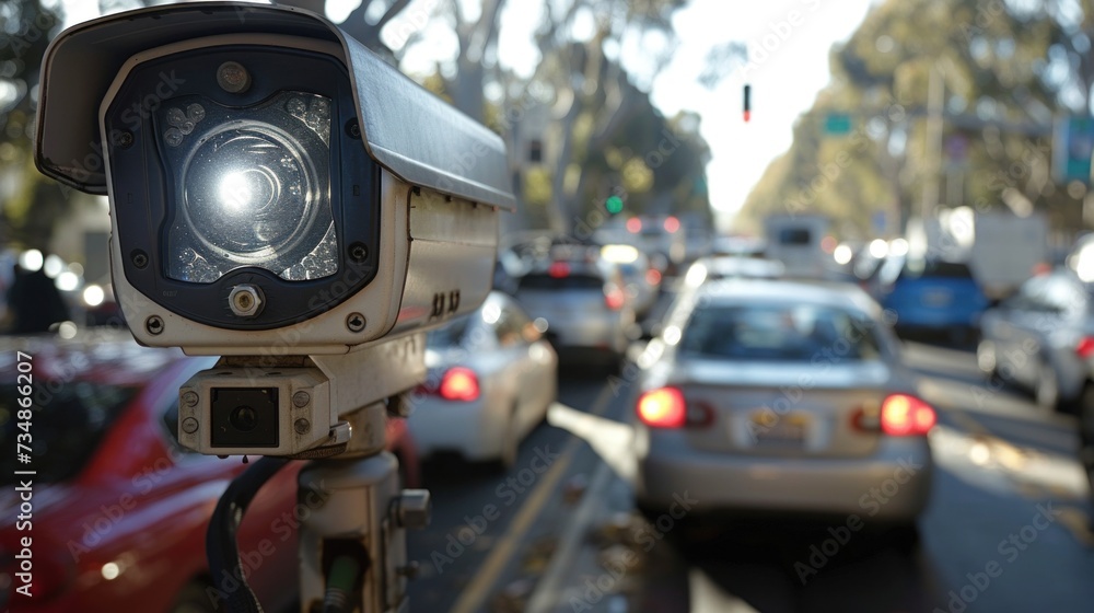 Speed Camera Overlooking Bustling City Street at Dusk