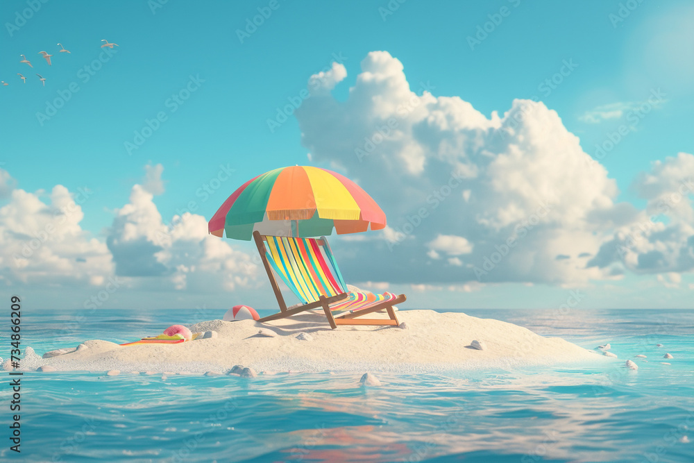 Experience the beauty of a tropical sunset escape with a colorful beach chair and umbrella scene. Let the vibrant colors and serene atmosphere transport you to a place of relaxation and leisure