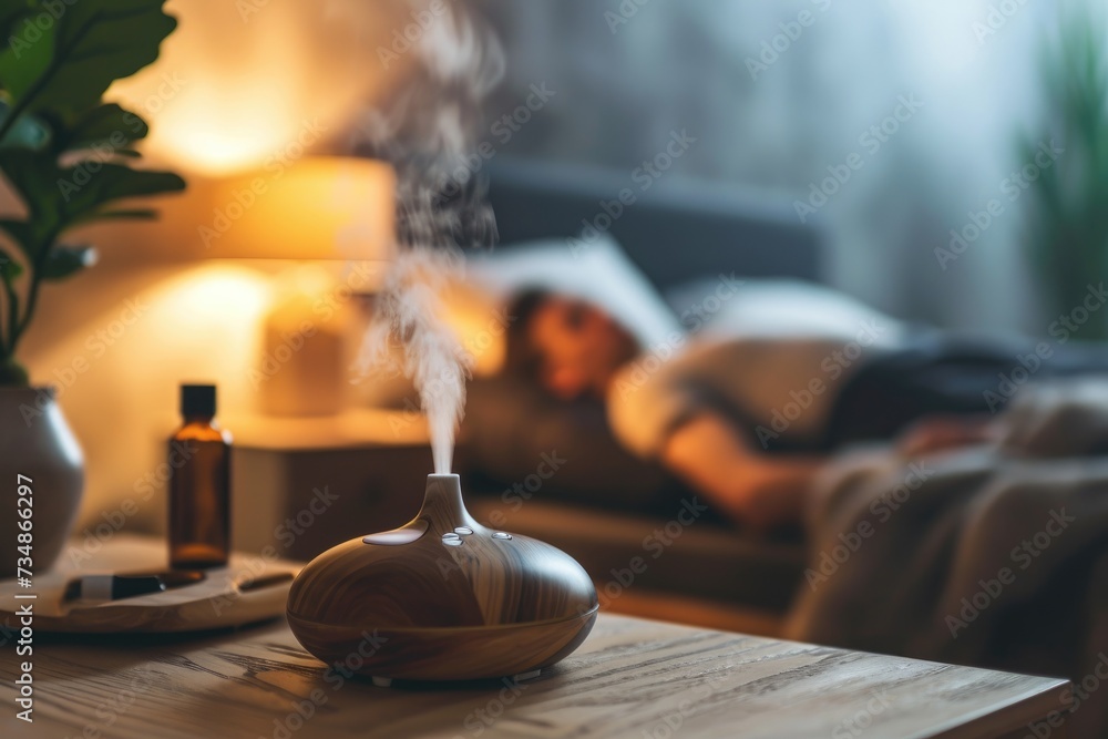 Man sleeping, relaxing in a room with automatic aroma oil diffuser on a table. A cloud of steam