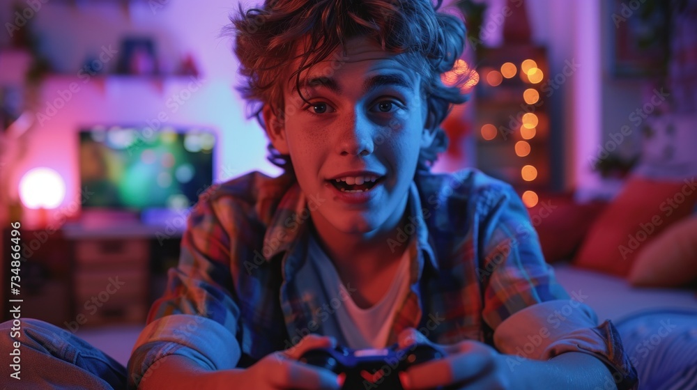 Excited Gamer Playing Video Games in a Neon-Lit Room at Night Excited Gamer Playing Video Games in a Neon-Lit Room at Night