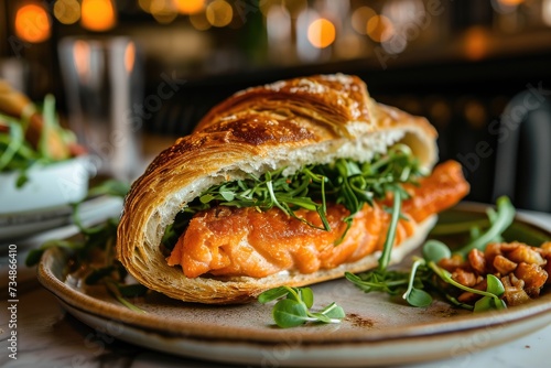 Sandwich croissant with appetizing red fish fillet filling on the table at a barbecue restaurant. Rustic baked goods in a homemade style. © photolas