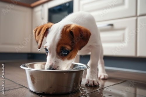 A pet dog in the kitchen drinking water from a chrome metal bowl.