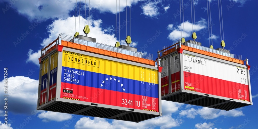 Shipping containers with flags of Venezuela and Poland - 3D illustration