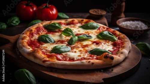 Wood cutting board with freshly baked pizza, mozzarella cheese, and herbs 
