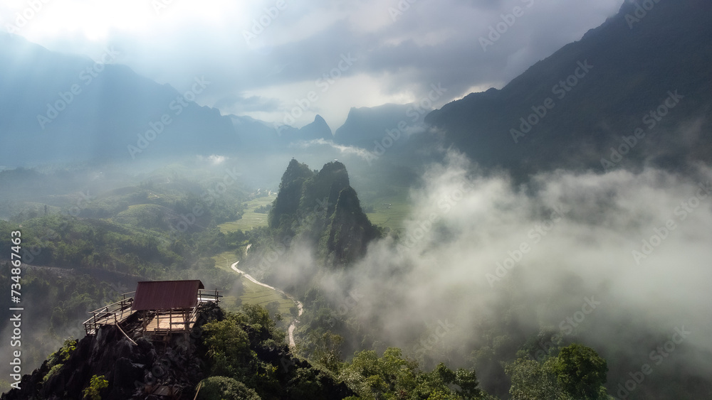 Fototapeta premium Top view of Beautiful landscape at pha Namxay Mountains Vang Vieng, Laos.