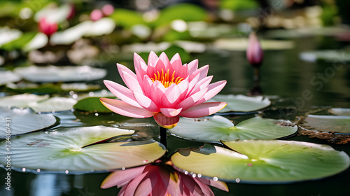 Pink lotus flower with a yellow center, floating on a pond with green lily pads