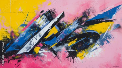 Vivid Graffiti-Esque Abstract Painting on Pink and Yellow Canvas with Striking Blue, Yellow, and Black Strokes - Energetic Diagonal Abstract-Creation Artwork photo