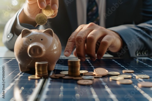 businessman next to solar panels with a piggy bank and coins.