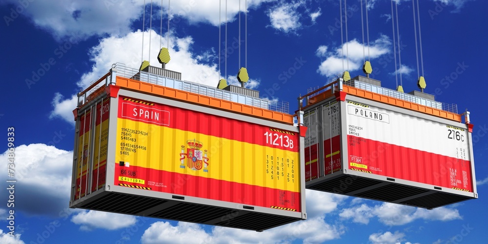 Shipping containers with flags of Spain and Poland - 3D illustration