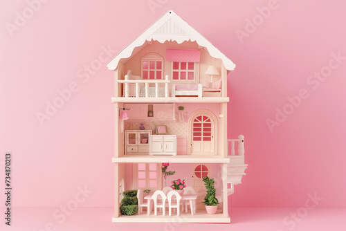 
elegant wooden dollhouse on pastel pink background photo