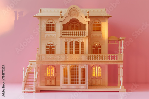  elegant wooden dollhouse on pastel pink background