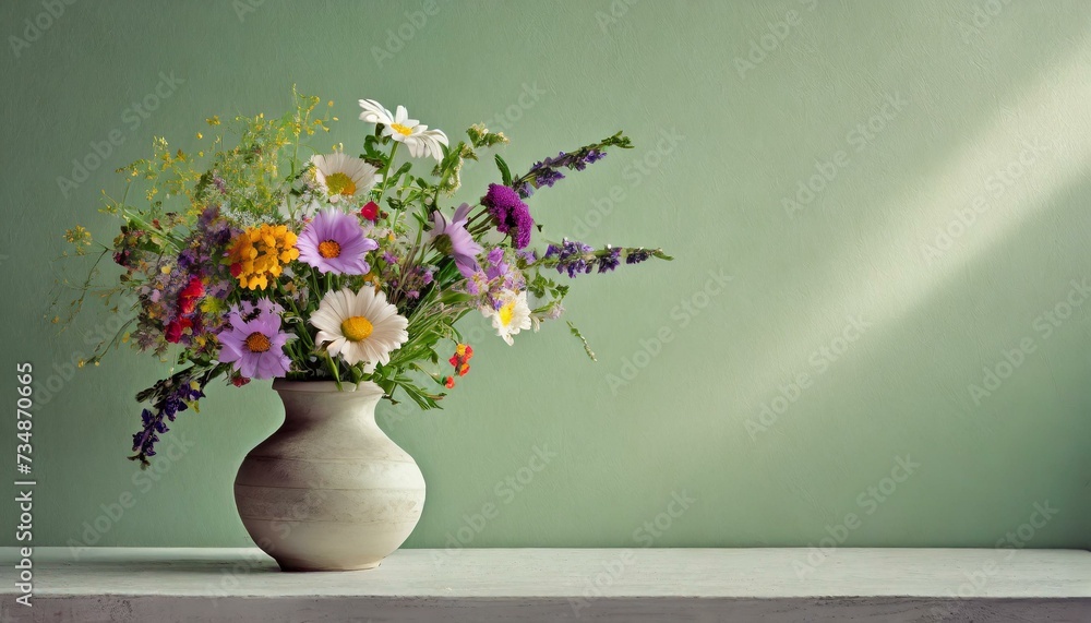 A beautiful bouquet of flowers in a ceramic vase on a table stand on a pale green wall background