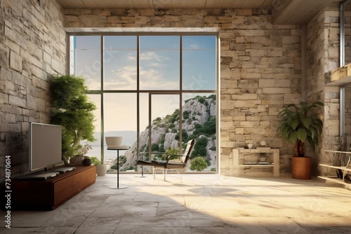 Contemporary light room, natural stone wall, expansive window, and balcony. Realistic visualization. Generative AI