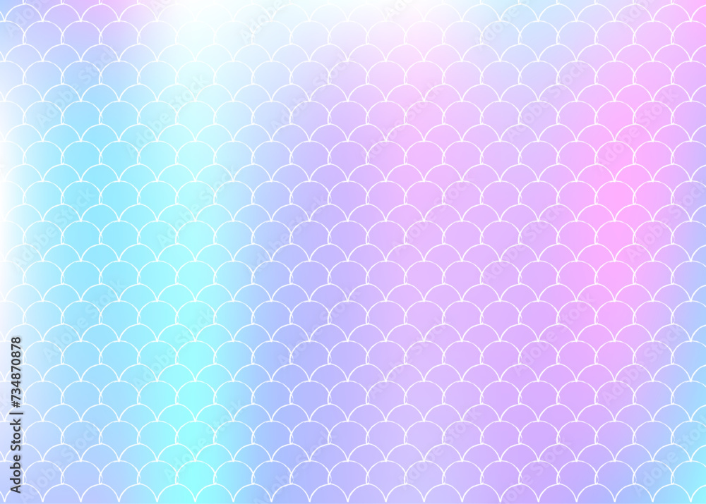 Gradient scale background with holographic mermaid. Bright color transitions. Fish tail banner and invitation. Underwater and sea pattern for girlie party. Trendy backdrop with gradient scale.